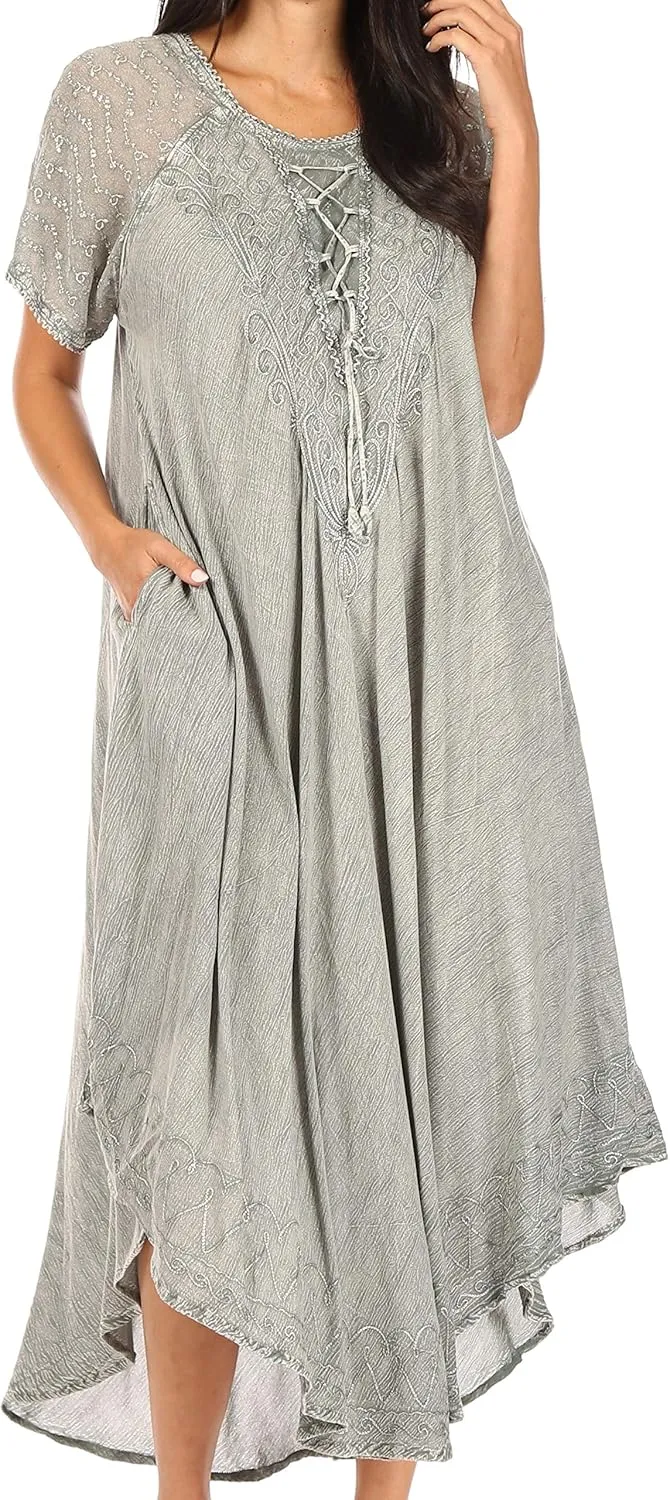 Sakkas Egan Long Embroidered Caftan Dress/Cover Up with Embroidered Cap Sleeves