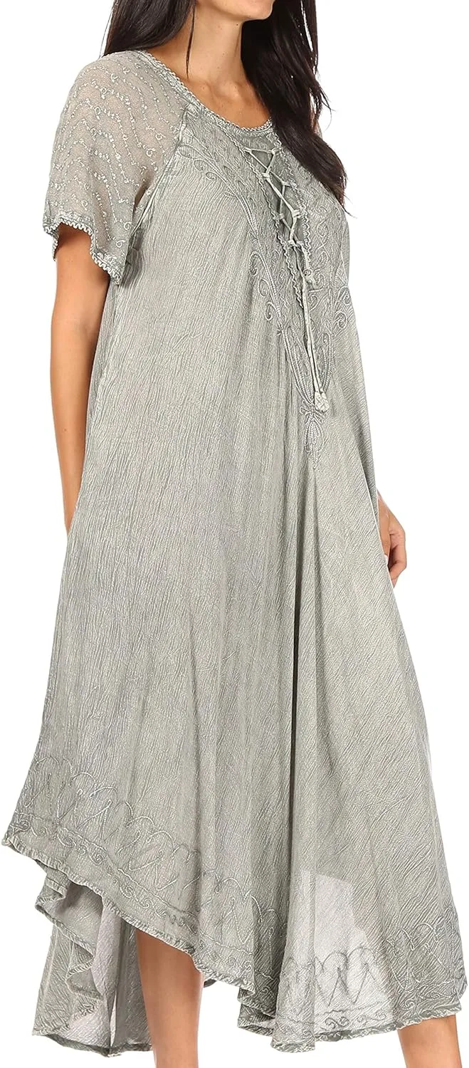 Sakkas Egan Long Embroidered Caftan Dress/Cover Up with Embroidered Cap Sleeves
