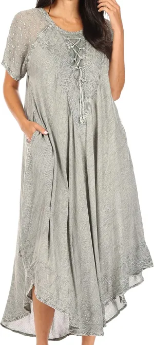 Sakkas Egan Long Embroidered Caftan Dress/Cover Up with Embroidered Cap Sleeves