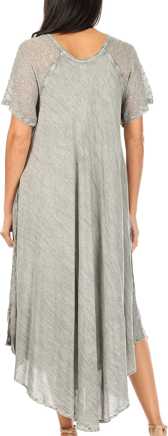 Sakkas Egan Long Embroidered Caftan Dress/Cover Up with Embroidered Cap Sleeves