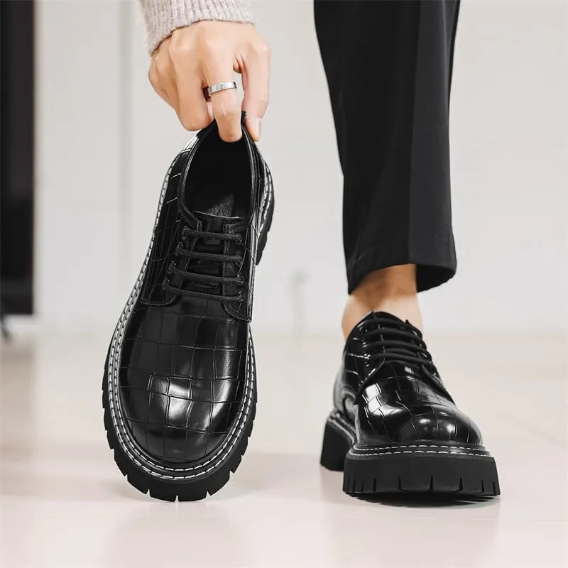 Santimon Men's Crocodile Embossed Oxford Shoes, Chunky Platform Dress Shoes with Non-Slip Sole, Lace-Up Business Casual Shoe