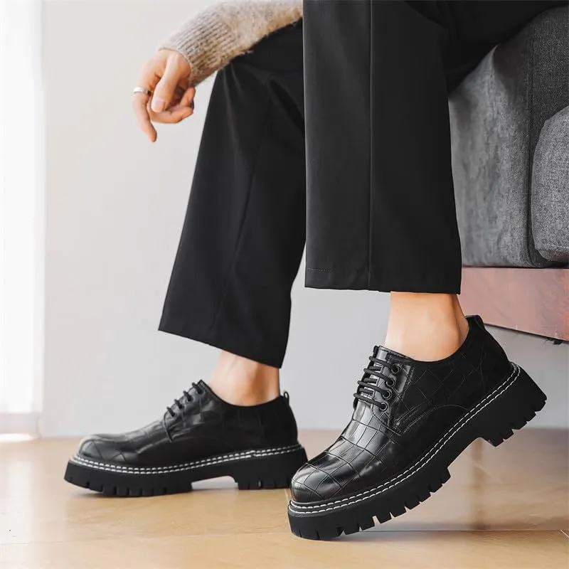 Santimon Men's Crocodile Embossed Oxford Shoes, Chunky Platform Dress Shoes with Non-Slip Sole, Lace-Up Business Casual Shoe