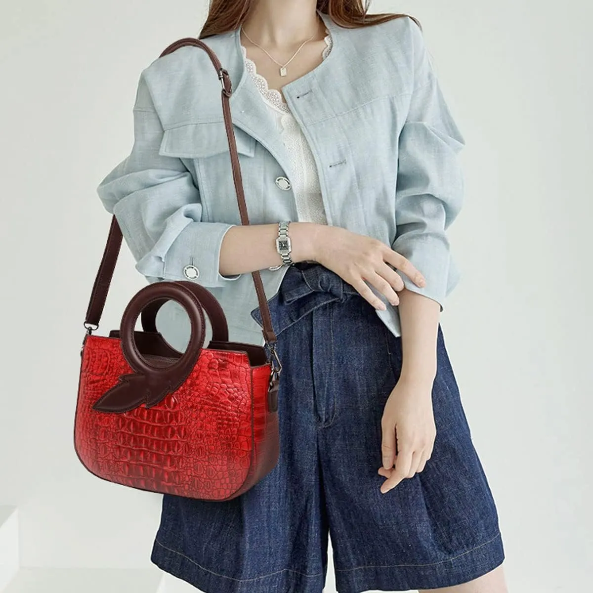 Satchel Bag for Women Crocodile-Embossed Pattern Handbag Ring Top Handle Shoulder Bag Embossed Leather Tote Purse