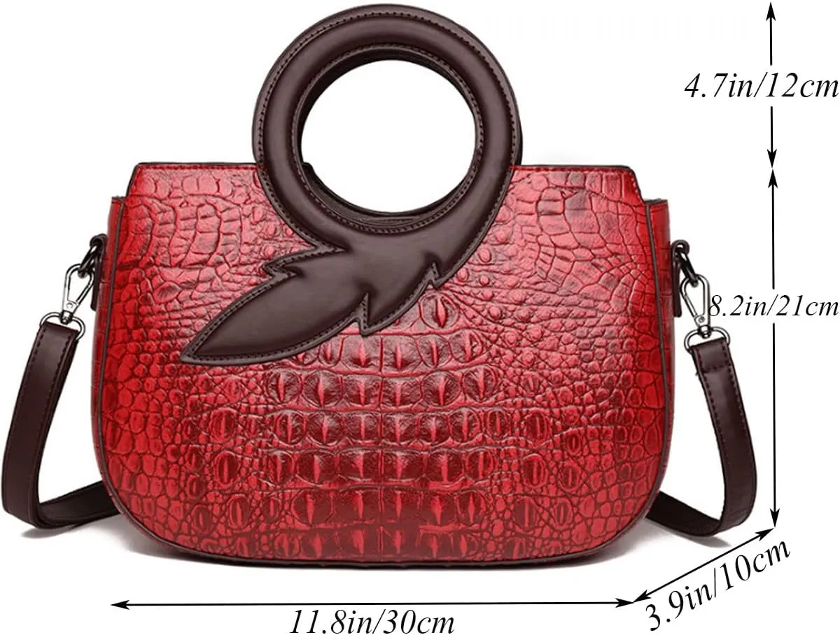 Satchel Bag for Women Crocodile-Embossed Pattern Handbag Ring Top Handle Shoulder Bag Embossed Leather Tote Purse