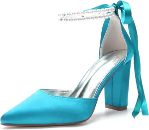 Satin Pointed Toe Wedding Heels 9CM Pearl Ankle Buckle Block Shoes Bridal Pumps Bowknot Strap Sandals Evening Party Dress Slip-On,Blue Green,8