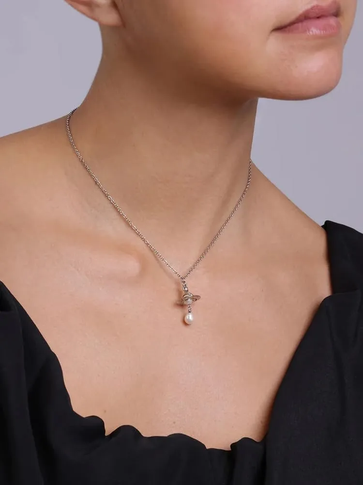 Saturn Necklace for Women, Baroque Pearl Zircon Pendant Necklace, 18K Gold Adjustable Chain Jewelry, birthday gift for Women,Neckalce for Sister Mom and Daughter,Meaningful Jewelry for Mother's Day