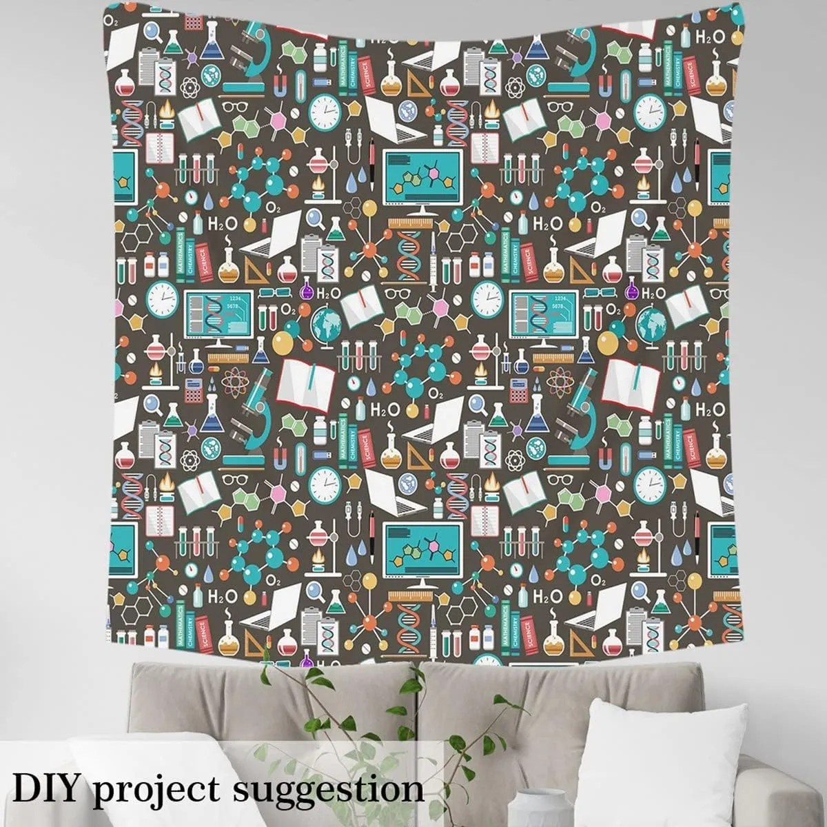 Science Fabric by The Yard, Chemical Biology Upholstery, Educational Experiment Decorative, DNA Indoor Outdoor, Book Globe DIY Art Teens Waterproof, Blue Green, 2 Yards