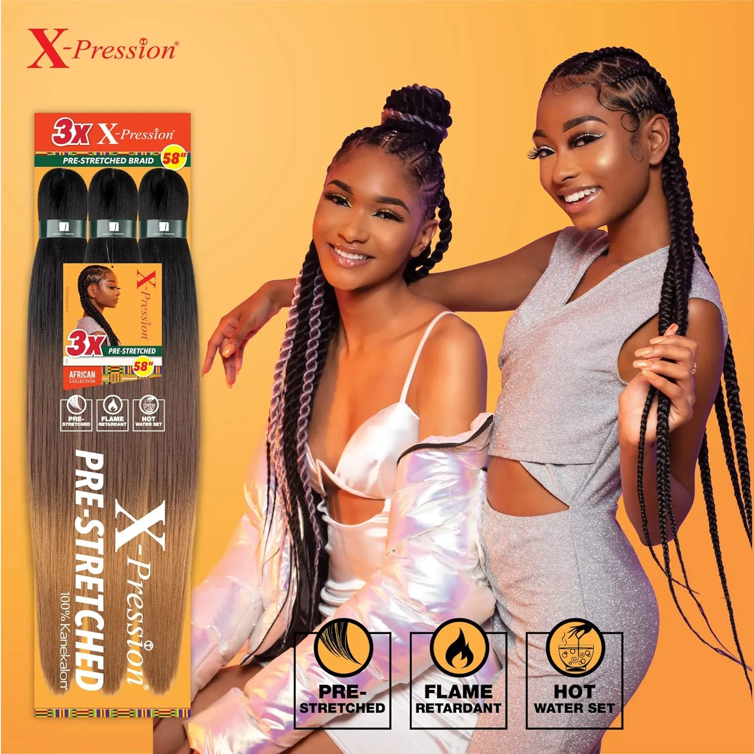 Sensationnel X-pression prestretched braiding hair - 3x braid 58 inch all kanekalon flame retardant synthetic braid for box braids and twists (3 pack, 30 LIGHTAUBURN)