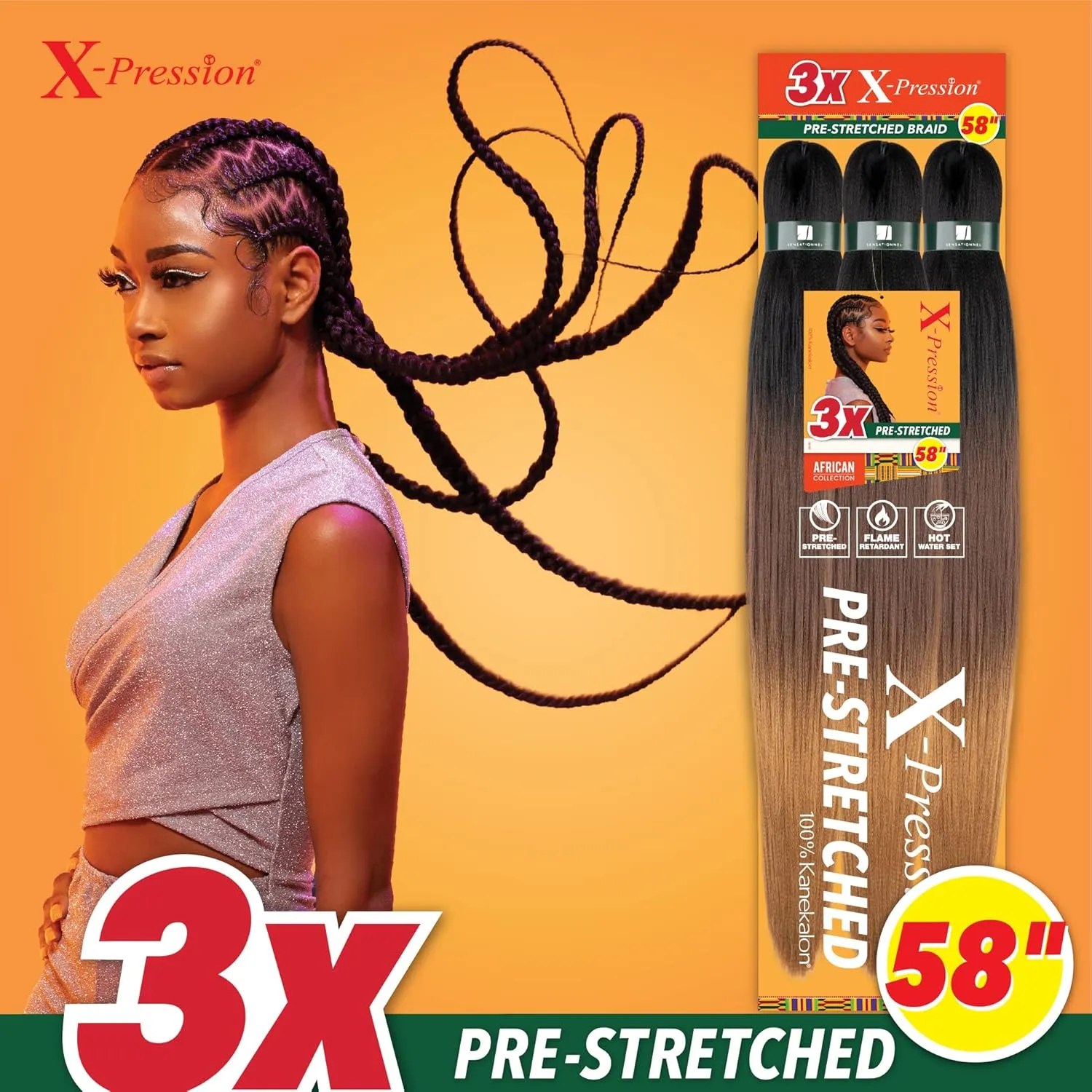 Sensationnel X-pression prestretched braiding hair - 3x braid 58 inch all kanekalon flame retardant synthetic braid for box braids and twists (3 pack, 30 LIGHTAUBURN)