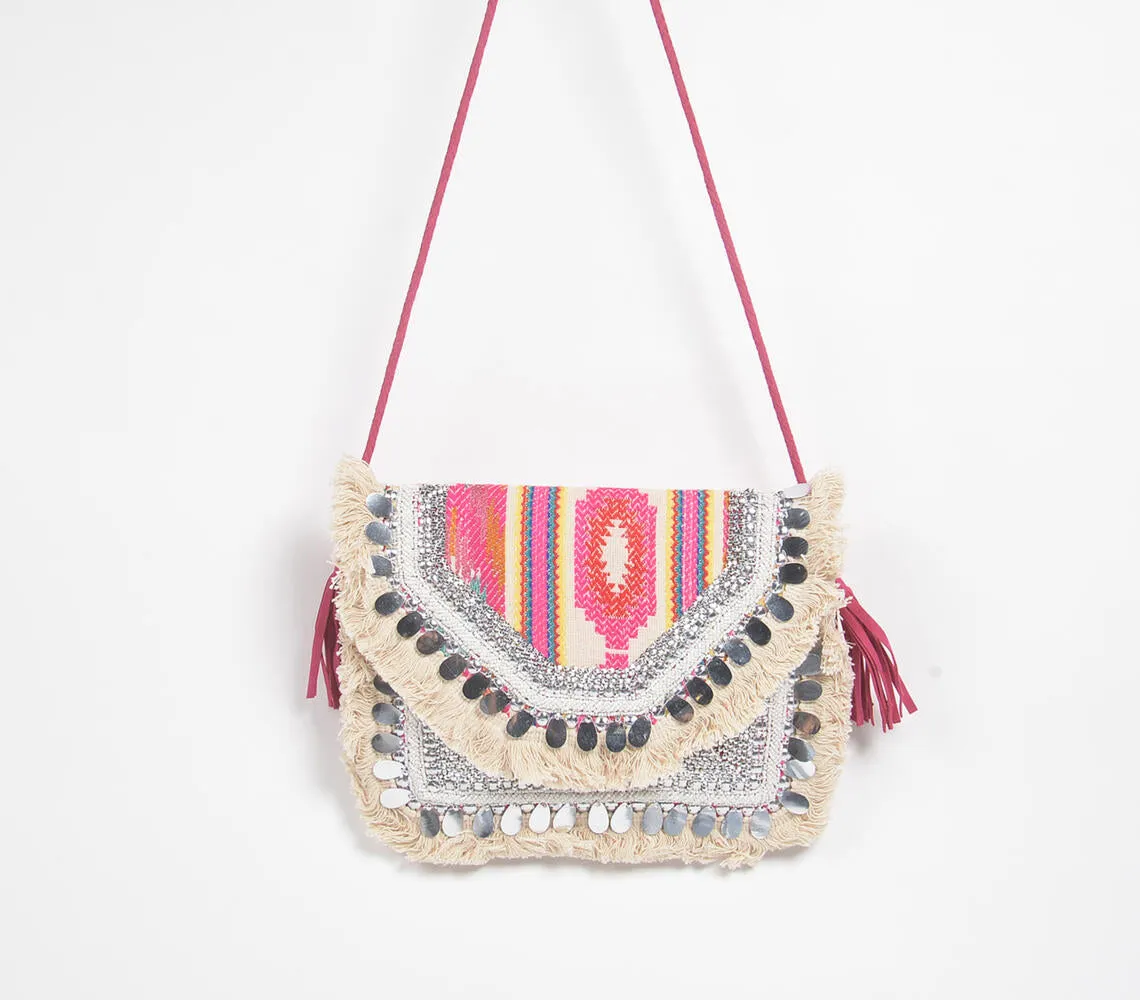 Sequin Embellished Fringed & Tasseled Sling Bag
