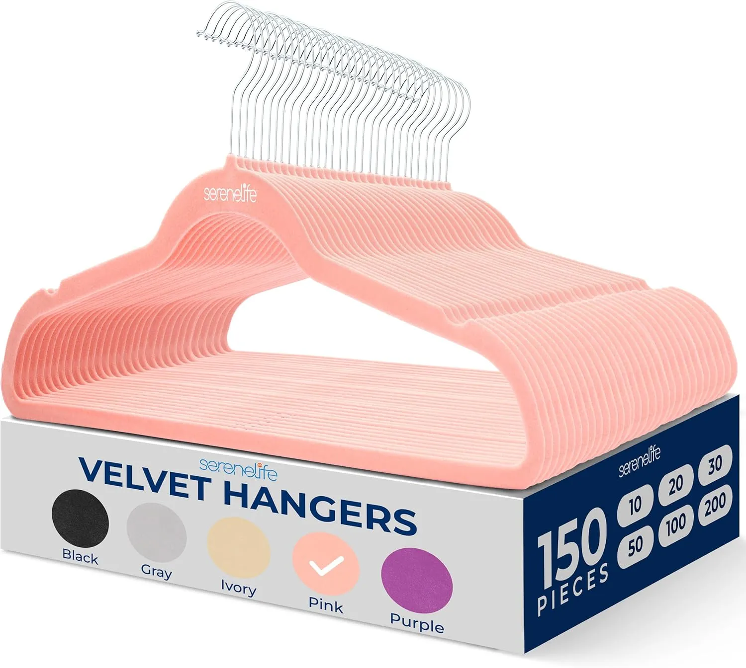SereneLife 150 Pack Velvet Hangers - Non-Slip with 360° Swivel Hook - Ultra-Thin, Lightweight, Space-Saving, Felt Hangers for Shirts, Sweaters, Hoodies, Kids Clothes & Dresses