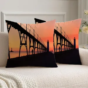 Set of 2 Velvet Decorative Square Throw Pillow Cover Orange North Walk Pier Lighthouse Manistee Summer Michigan On Parks Outdoor Design Elegant Fishing Cushion Cover for 20x20 Inch Couch Bed Car