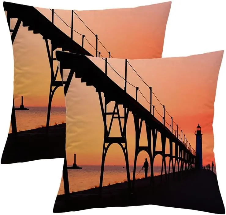 Set of 2 Velvet Decorative Square Throw Pillow Cover Orange North Walk Pier Lighthouse Manistee Summer Michigan On Parks Outdoor Design Elegant Fishing Cushion Cover for 20x20 Inch Couch Bed Car