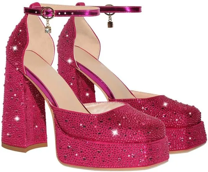 sexytag Platform Heels Diamante Ankle Strap Rhinestone Sparkly Stiletto High Heel Pumps