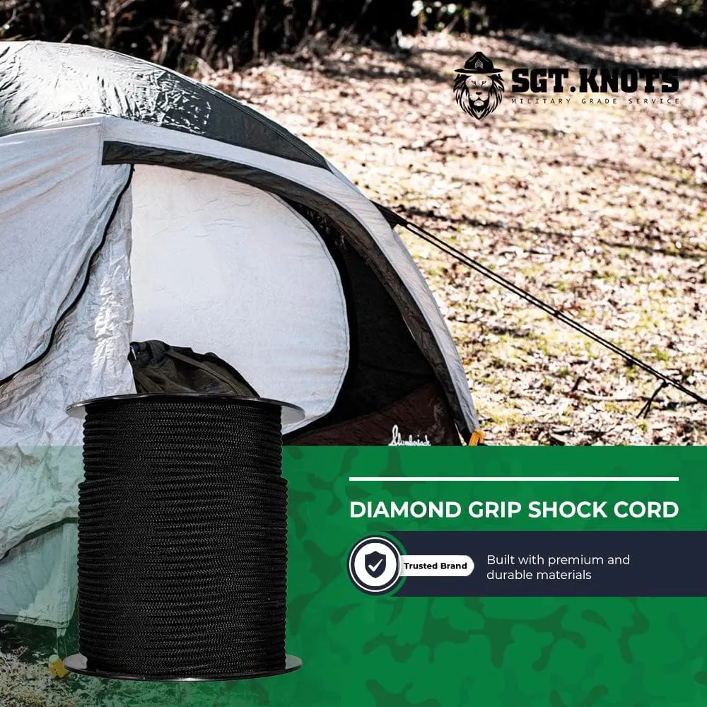 SGT KNOTS Diamond Grip Black Bungee Cord - 100% Stretch Elastic Cord and Absorbent Bungee Shock Cord for Camping, Kayak Deck, Crafting (1/8" x 300ft)