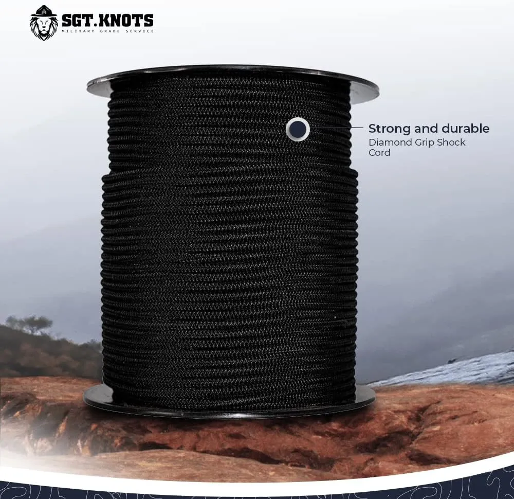 SGT KNOTS Diamond Grip Black Bungee Cord - 100% Stretch Elastic Cord and Absorbent Bungee Shock Cord for Camping, Kayak Deck, Crafting (1/8" x 300ft)