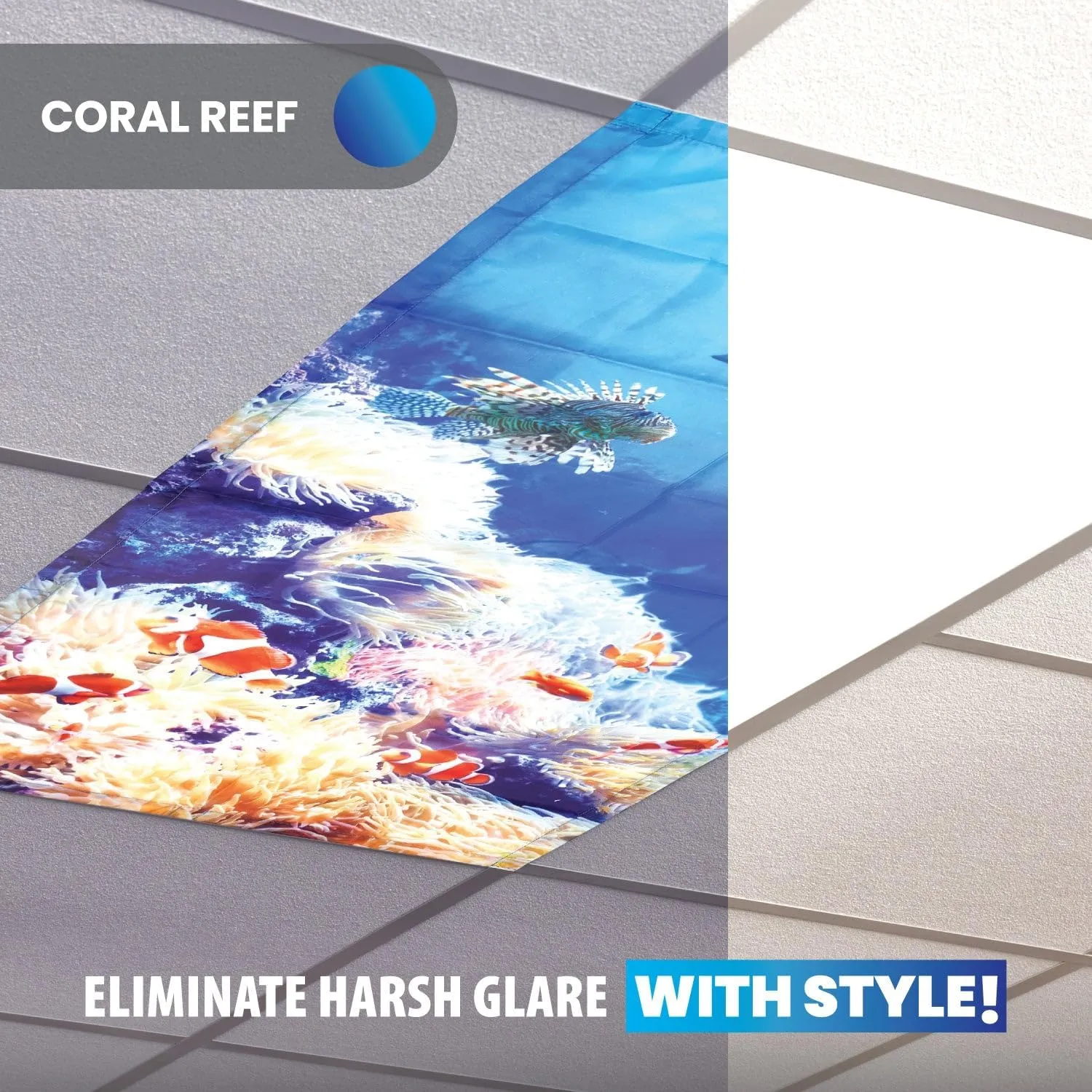 ShadeOn Fluorescent Light Covers for Ceiling Lights Classroom (4-Pack) - 2x4 ft Magnetic Office Light Covers for Fluorescent Lights, Ocean - Coral Reef
