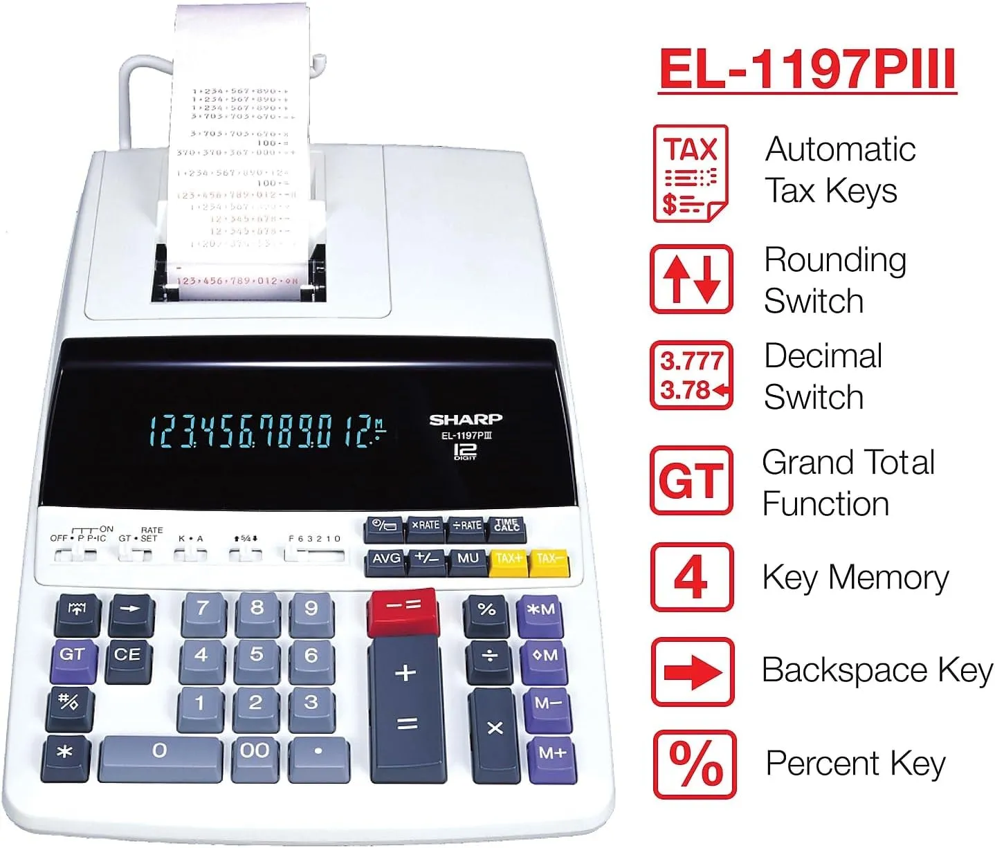 Sharp EL1197PIII Two-Color Printing Desktop Calculator Black/Red Print 4.5 Lines/Sec