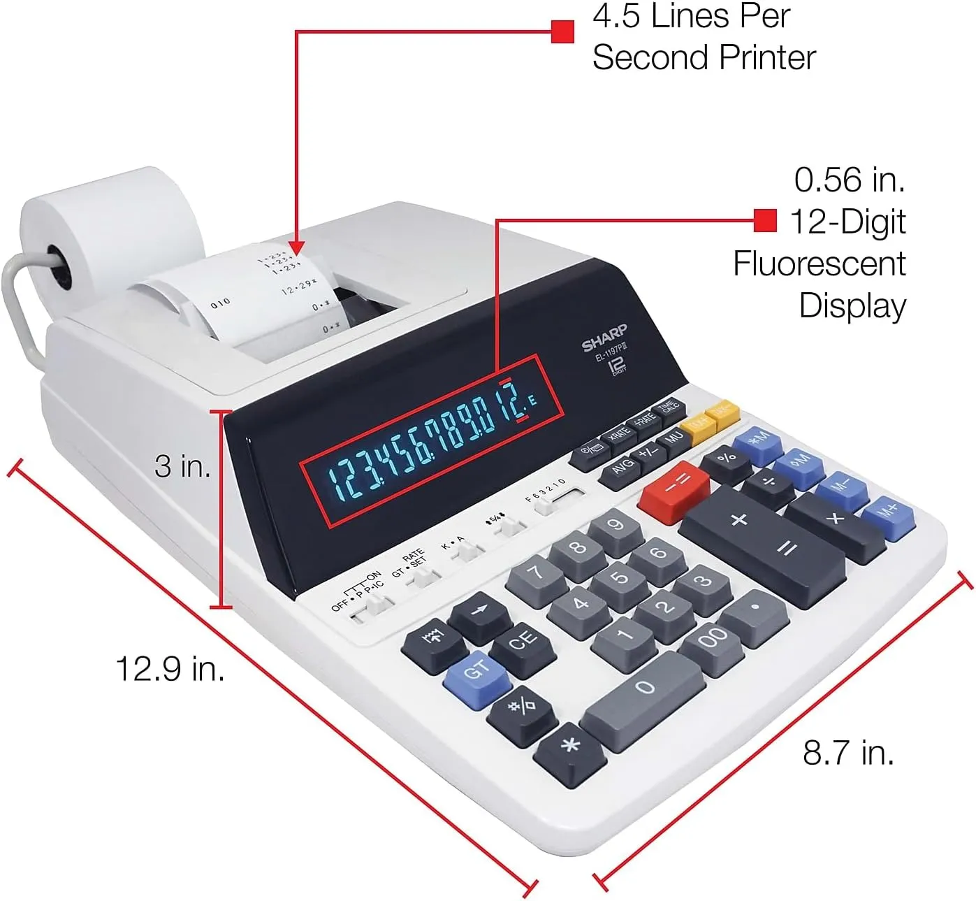 Sharp EL1197PIII Two-Color Printing Desktop Calculator Black/Red Print 4.5 Lines/Sec