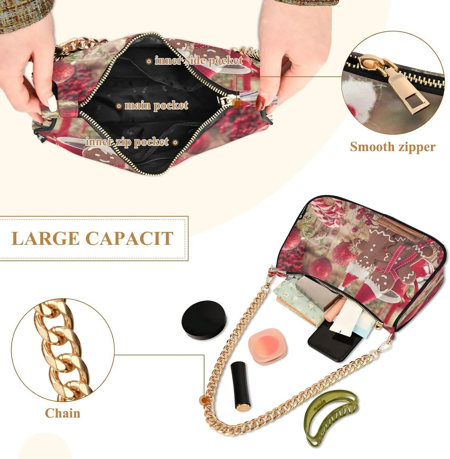 Shoulder Bag for Women Hobo Tote Handbag Gold Chain Crossbody Bag with Zipper Clutch Purse Handbags