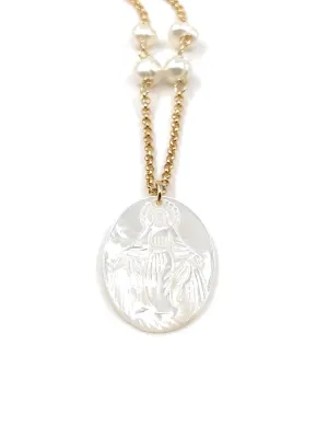 SIFRIMANIA Catholic Religious Necklace with Freshwater Pearls and Mother of Pearl Virgin Mary Pendant (Miraculous)