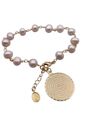 SIFRIMANIA Our Father Prayer Freshwater Cultured Pearls Pendant Adjustable Bracelet for Women (English)