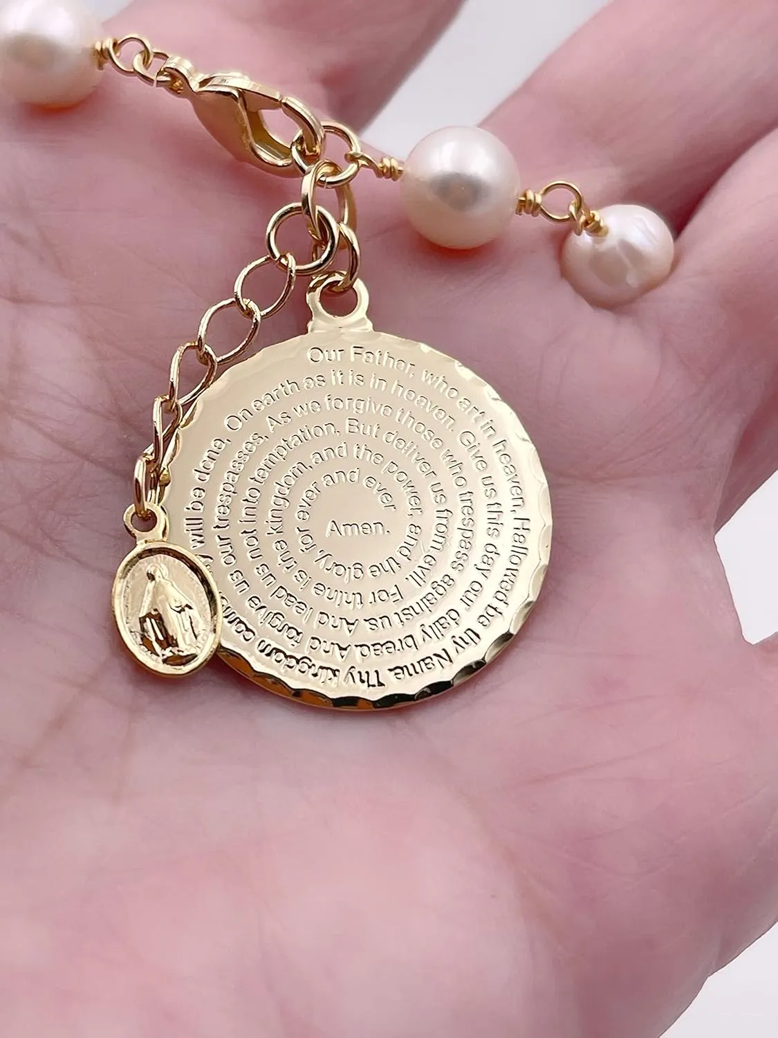 SIFRIMANIA Our Father Prayer Freshwater Cultured Pearls Pendant Adjustable Bracelet for Women (English)