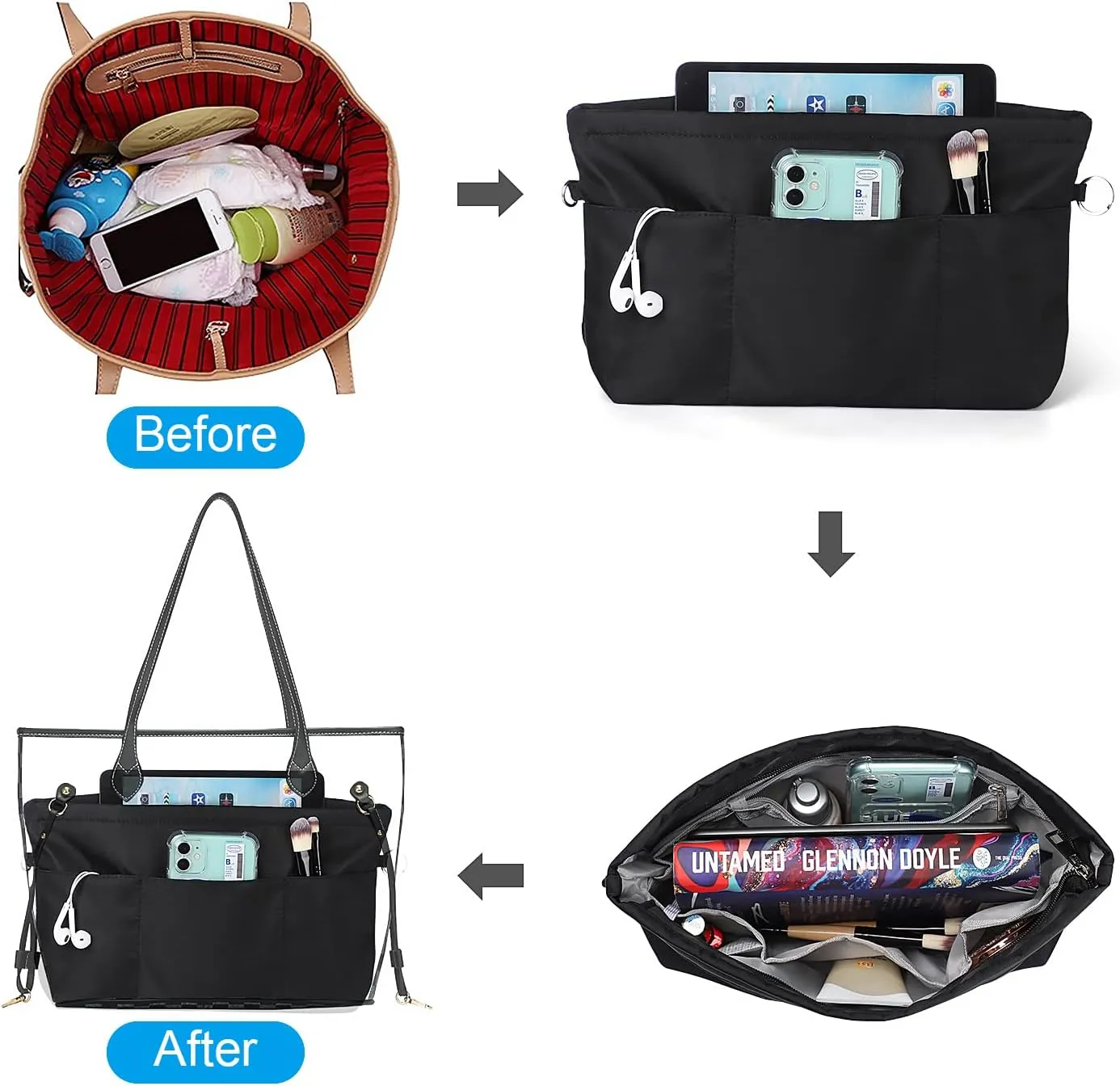 Sightor Nylon Handbag Organizer Insert - Purse Tote Shaper in Bag (Black, X-Large)