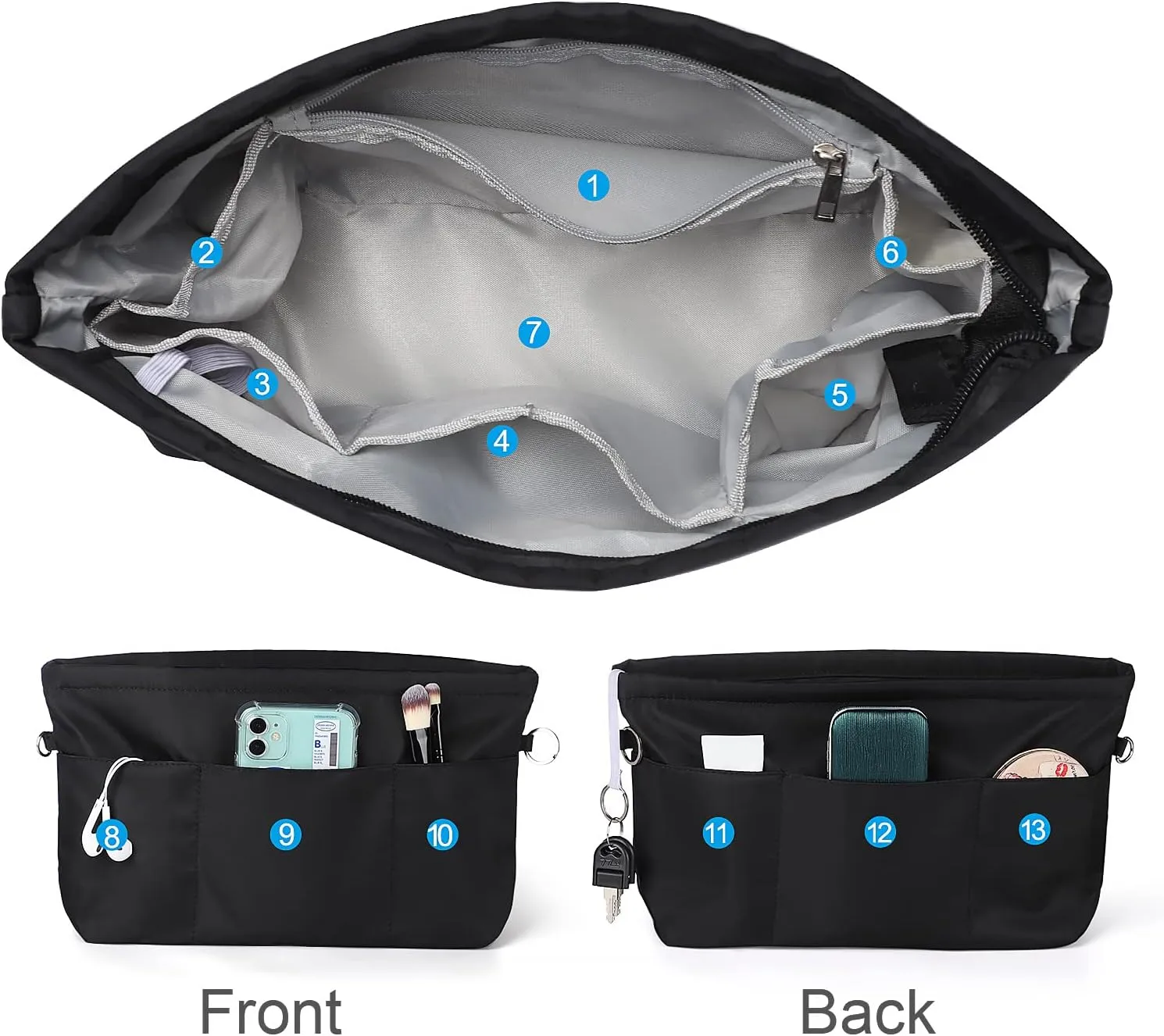 Sightor Nylon Handbag Organizer Insert - Purse Tote Shaper in Bag (Black, X-Large)