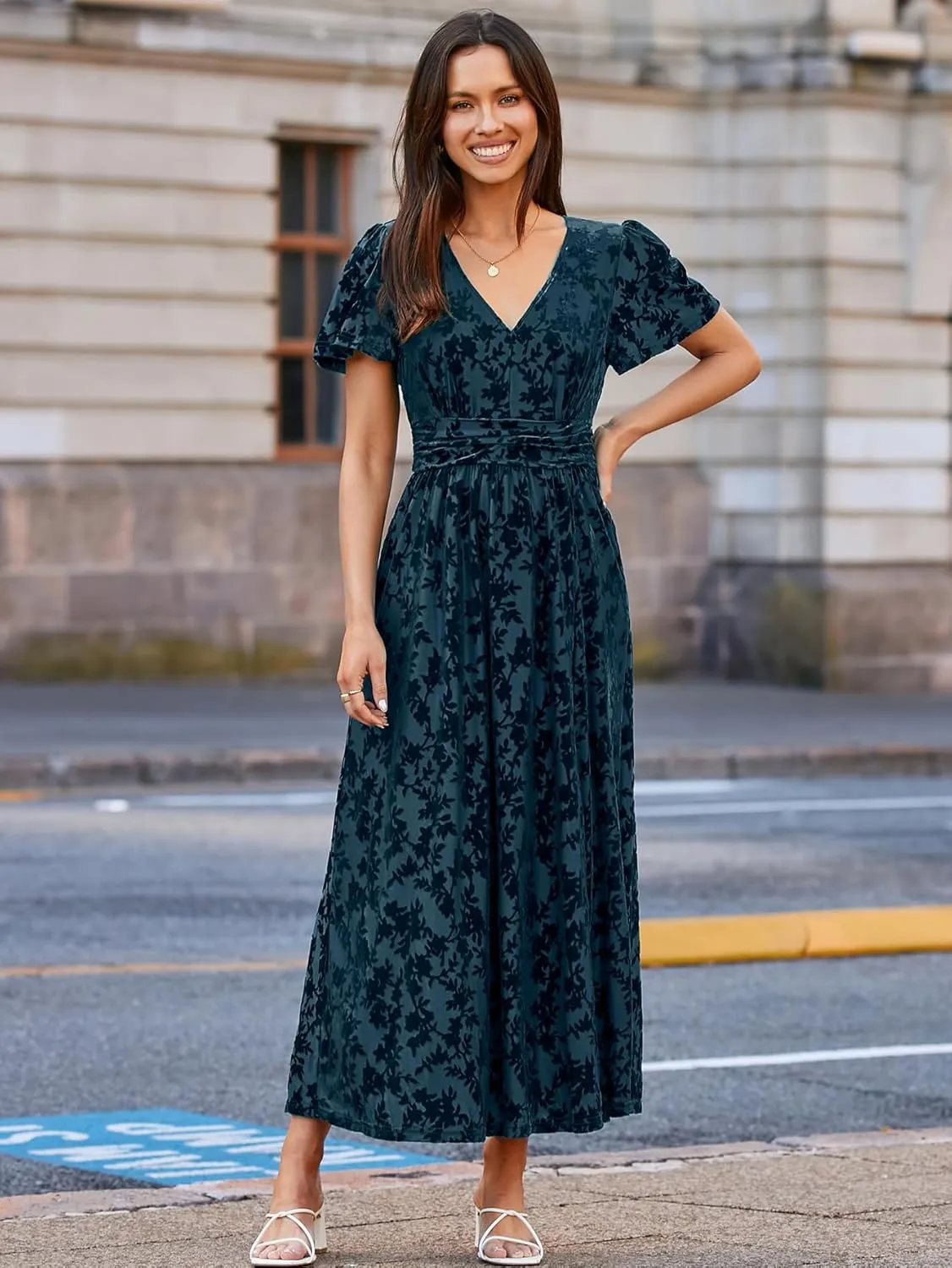 Simplee Women's Velvet Maxi Dress V Neck Short Sleeve Empire Waist Semi Formal Long Cocktail Dresses