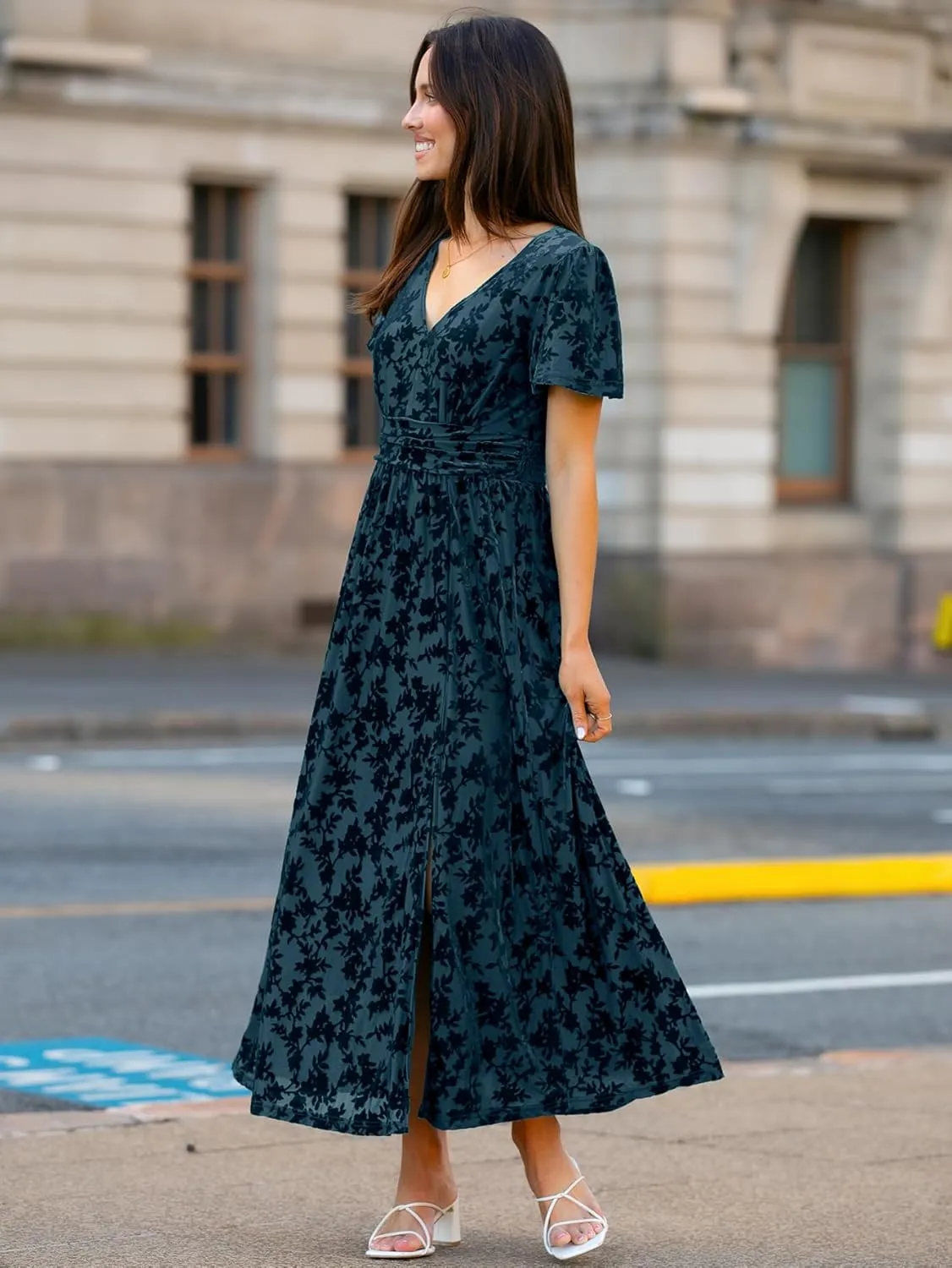 Simplee Women's Velvet Maxi Dress V Neck Short Sleeve Empire Waist Semi Formal Long Cocktail Dresses