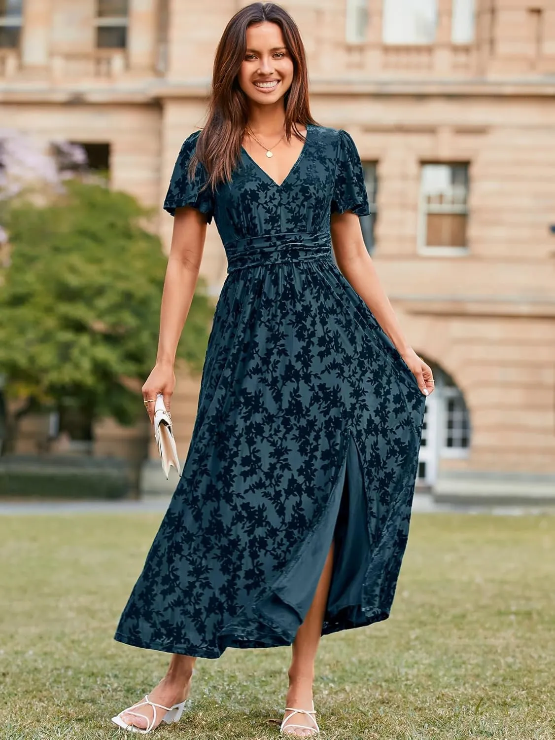 Simplee Women's Velvet Maxi Dress V Neck Short Sleeve Empire Waist Semi Formal Long Cocktail Dresses