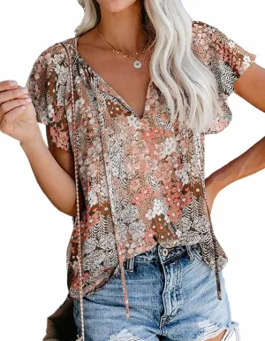 SimpleFun Women's Boho Tops Floral V Neck Short Sleeve Summer Blouse Shirts