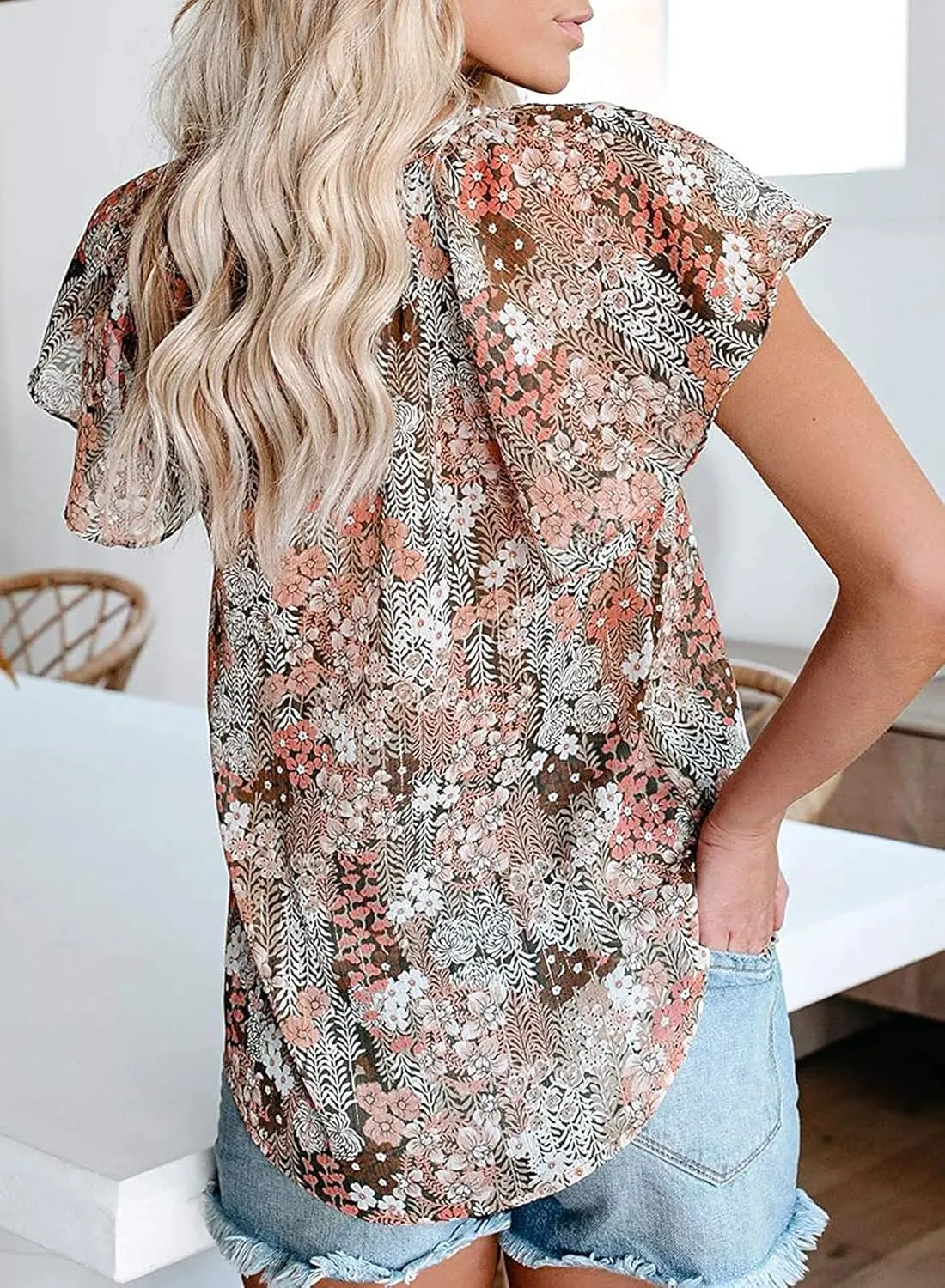SimpleFun Women's Boho Tops Floral V Neck Short Sleeve Summer Blouse Shirts