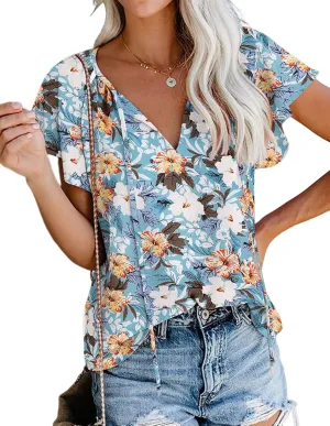 SimpleFun Women's Boho Tops Floral V Neck Short Sleeve Summer Blouse Shirts