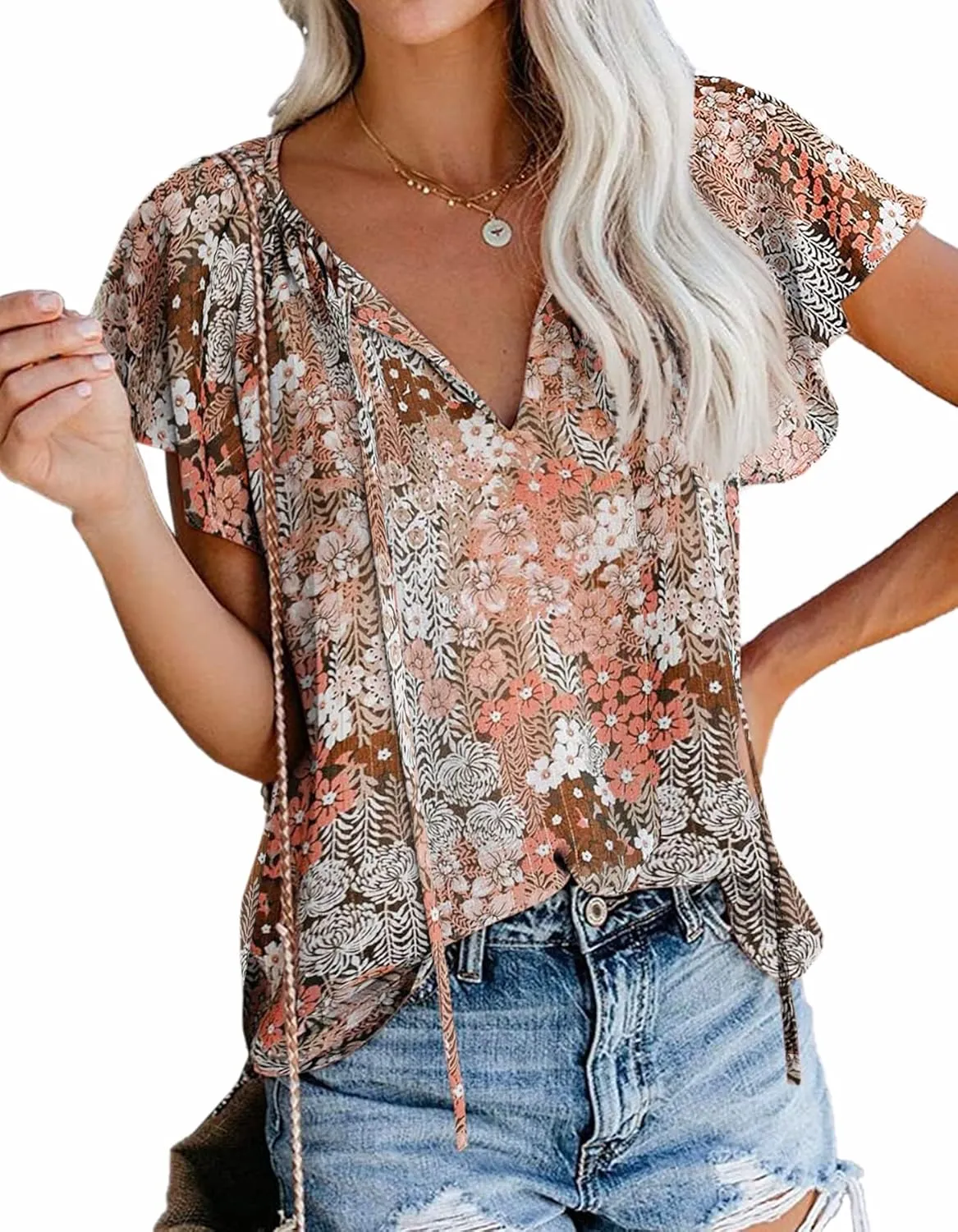 SimpleFun Women's Boho Tops Floral V Neck Short Sleeve Summer Blouse Shirts