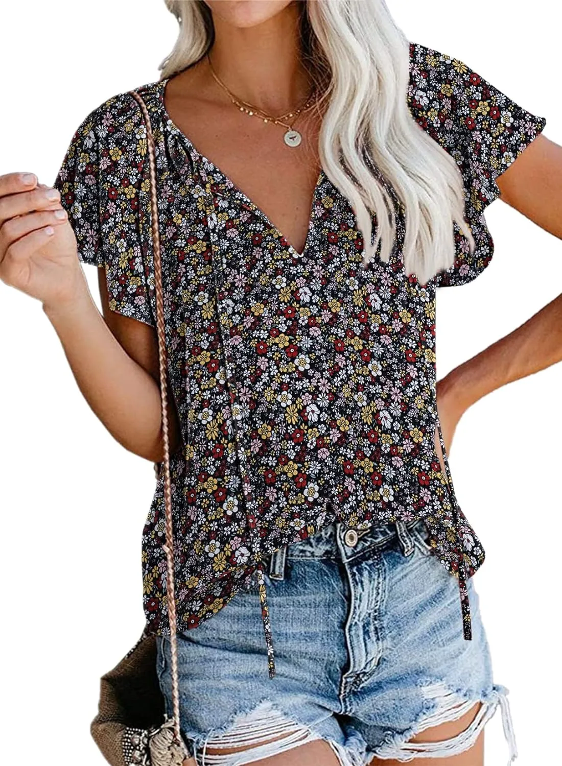 SimpleFun Women's Boho Tops Floral V Neck Short Sleeve Summer Blouse Shirts