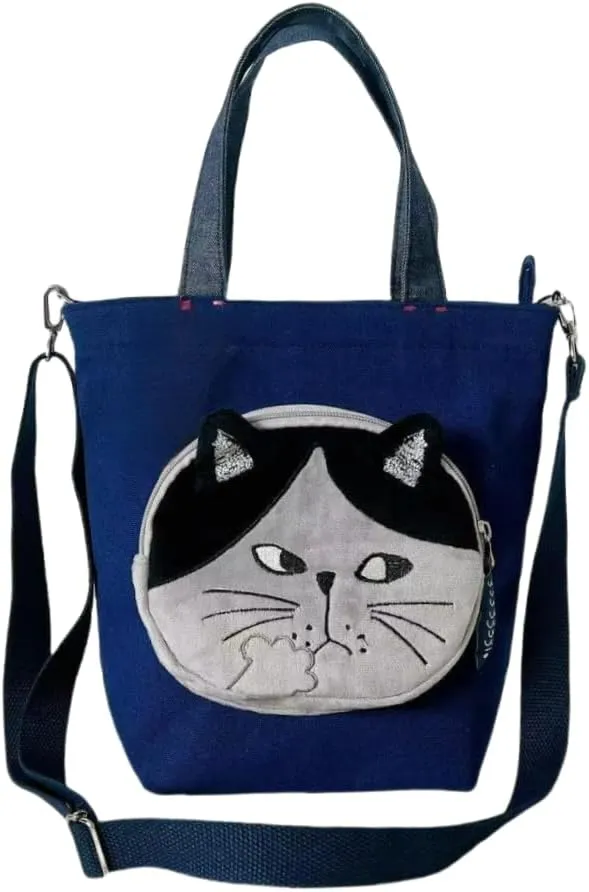 Single Shoulder Bag Crossbody Bag for Women Embroidered Big Face Cat Handbag and Purse for Shopping and Commuting (Blue)