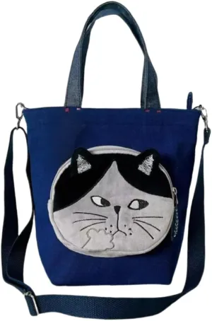 Single Shoulder Bag Crossbody Bag for Women Embroidered Big Face Cat Handbag and Purse for Shopping and Commuting (Blue)