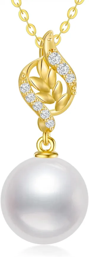 SISGEM 10k Gold Diamond Leaves Pearl Necklace for Women, Anniversary Jewelry for Wife, Birthday Gifts for Her (0.1ct Diamond, 9mm Freshwater Cultured Pearl), 16-18 Inch