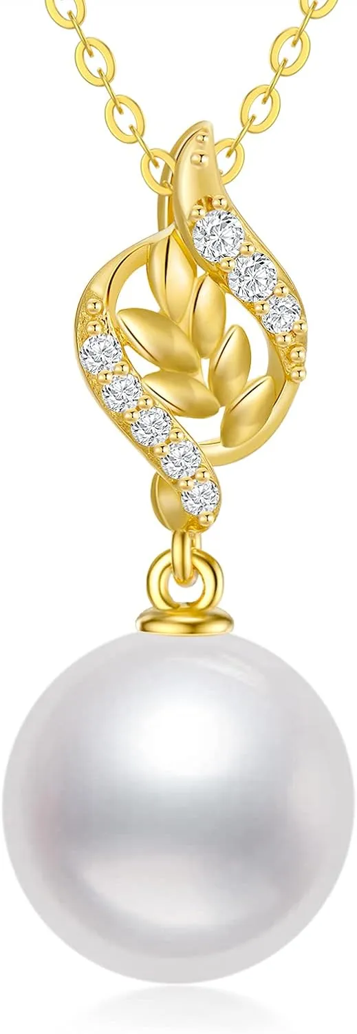 SISGEM 10k Gold Diamond Leaves Pearl Necklace for Women, Anniversary Jewelry for Wife, Birthday Gifts for Her (0.1ct Diamond, 9mm Freshwater Cultured Pearl), 16-18 Inch