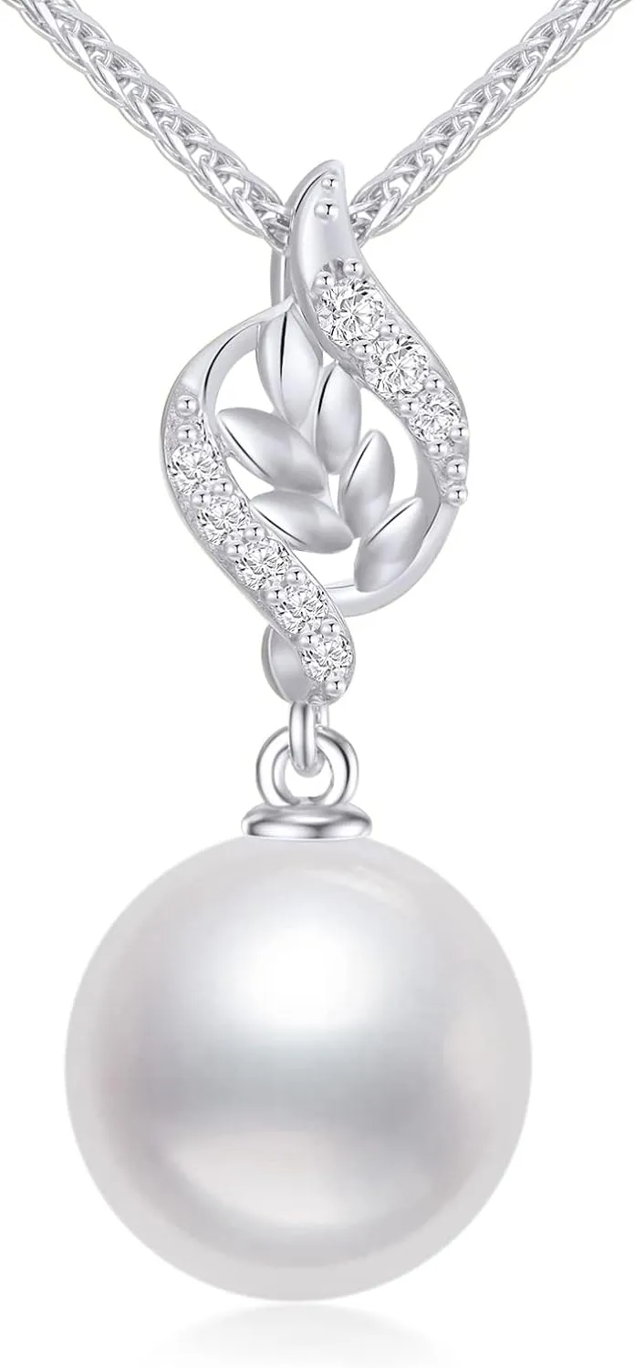 SISGEM 14k Gold Natural Diamond Leaves Freshwater Cultured Pearl Necklaces for Women with 14kt Gold Wheat Chain, 16-18 Inches