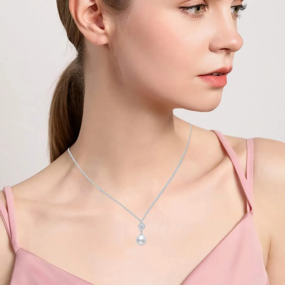 SISGEM 14k Gold Natural Diamond Leaves Freshwater Cultured Pearl Necklaces for Women with 14kt Gold Wheat Chain, 16-18 Inches