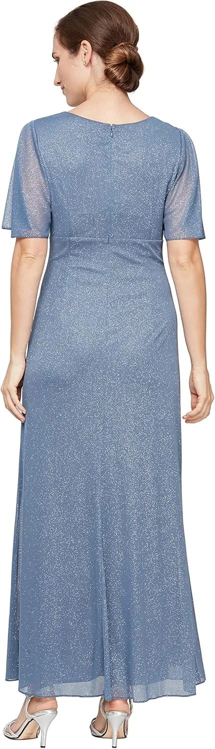 S.L. Fashions Women's Formal Long Glitter Mesh Stretch Embellished Waist, Mother of Bride Dress, (Petite and Regular Sizes)