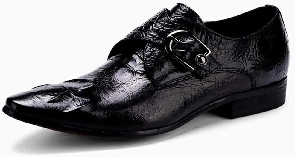Slip On Monk Strap Work for Men Oxford ShoesGenuine Leather Crocodile Embossed Pointed Toe Block Heel Solid Color