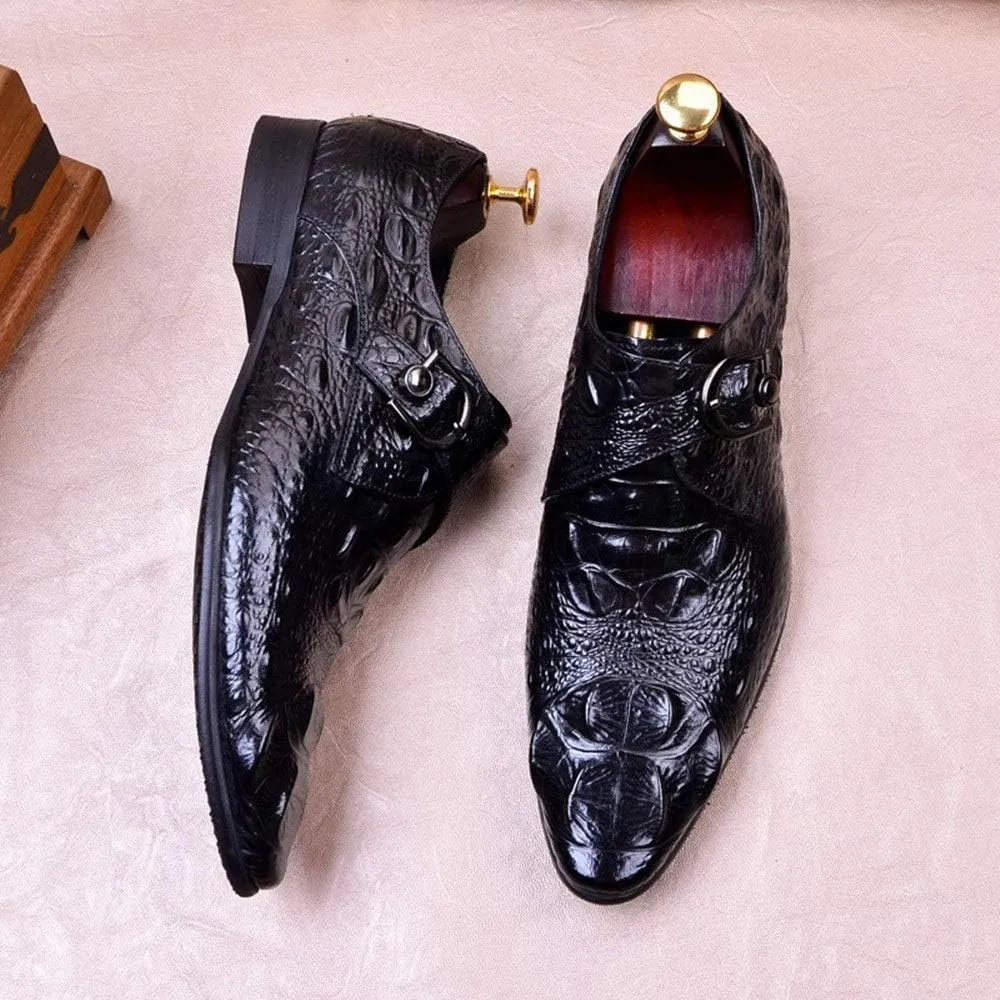 Slip On Monk Strap Work for Men Oxford ShoesGenuine Leather Crocodile Embossed Pointed Toe Block Heel Solid Color