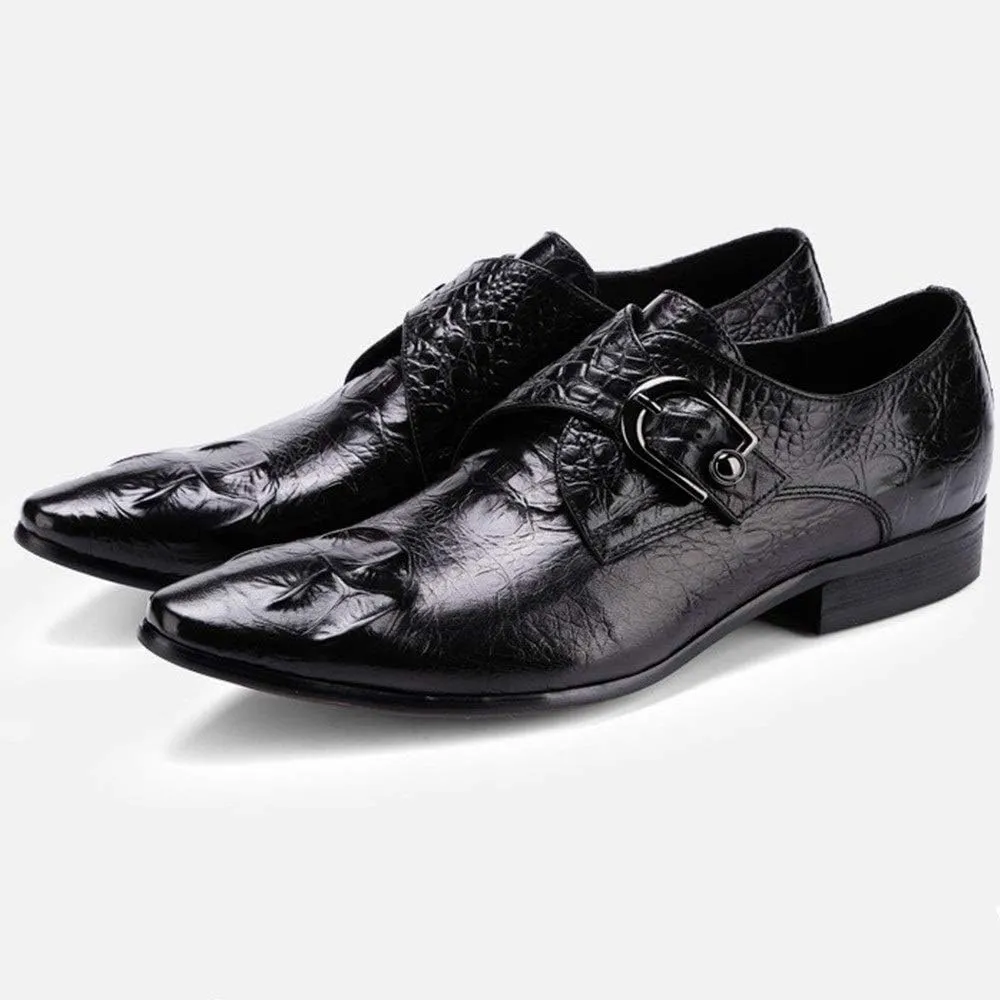 Slip On Monk Strap Work for Men Oxford ShoesGenuine Leather Crocodile Embossed Pointed Toe Block Heel Solid Color