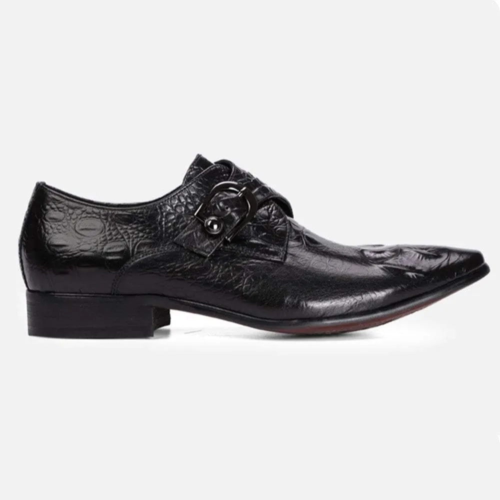 Slip On Monk Strap Work for Men Oxford ShoesGenuine Leather Crocodile Embossed Pointed Toe Block Heel Solid Color