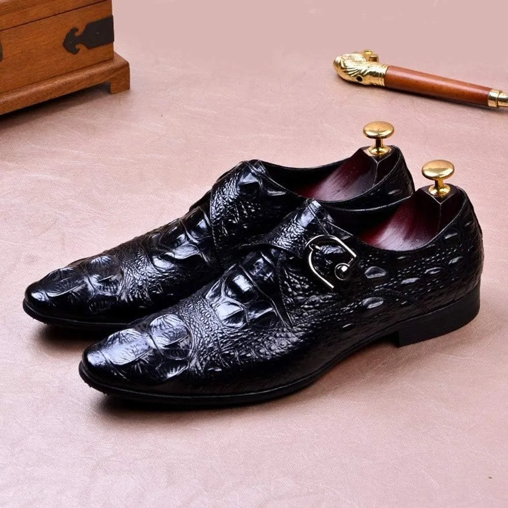 Slip On Monk Strap Work for Men Oxford ShoesGenuine Leather Crocodile Embossed Pointed Toe Block Heel Solid Color