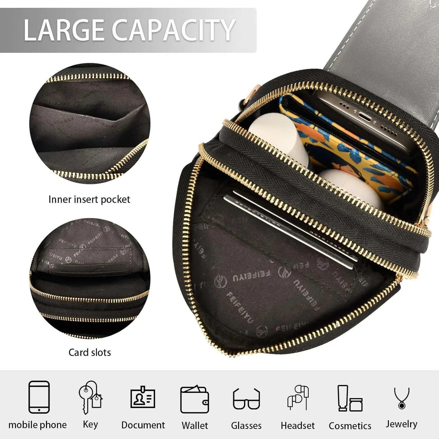 Small Sling Bag for Women Black Crossbody Fanny Packs for Travel, Casual 20810-1